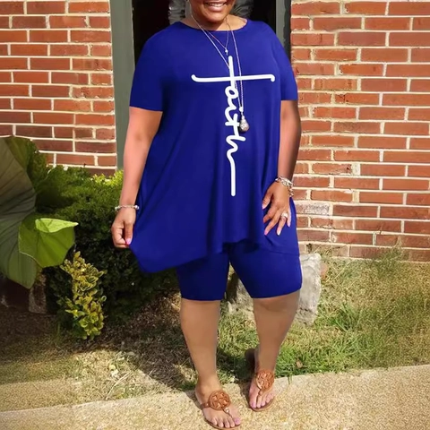 Women Plus Size T-Shirt And Biker Shorts Outfit Polyester Faith Cross Letter Print Casual Summer Clothing For Ladies