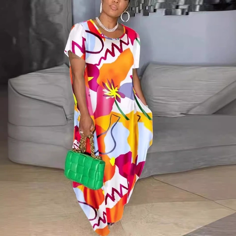 Abito Maxi da Donna Taglie Forti Stampa Graffiti Arte Astratta Girocollo Manica Corta Allentato Casual Boho Vestito Lungo