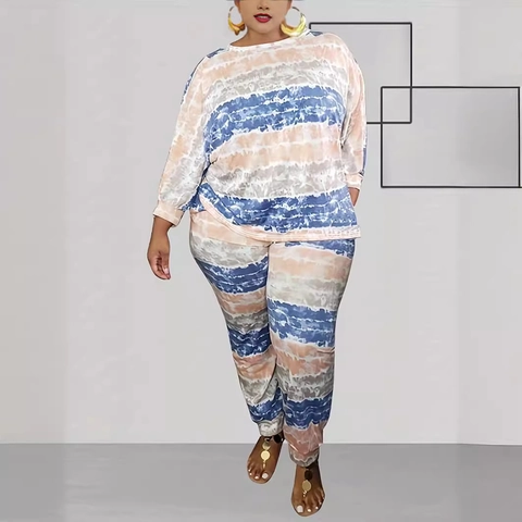 Outfit Casual da Donna Taglie Forti Top E Pantaloni Tie Dye a Righe Manica Lunga Girocollo Streetwear