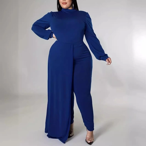 Women Plus Size High Neck Long Sleeve Jumpsuit Elegant Solid Color Royal Blue Slim Fit One Piece With Side Drape Panel