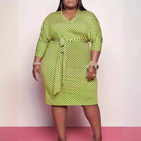 Plus Size Polka Dot Dress Women V Neck Three Quarter Sleeve Bodycon Midi Dress With Self Tie Waist Casual Party Office Dress
