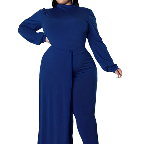Women Plus Size High Neck Long Sleeve Jumpsuit Elegant Solid Color Royal Blue Slim Fit One Piece With Side Drape Panel