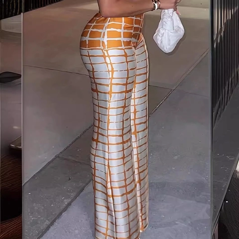 Damen Übergröße Hohe Taille Karierte Schlaghose Lässige Weite Hose Orange Weiß Geometrisches Gittermuster Mode Hose
