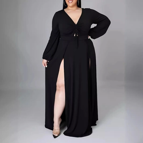 Vestido Maxi de Talla Grande para Mujer Sexy Cuello en V Manga Larga Fruncido Cordón Frontal Abertura Alta Elegante Fiesta Noche Club