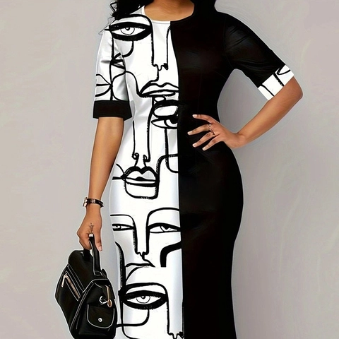 Robe Maxi Grande Taille Femme Avec Imprimé Visage Abstrait Color Block Manches Courtes Col Rond Patchwork Coupe Slim Robe Longue