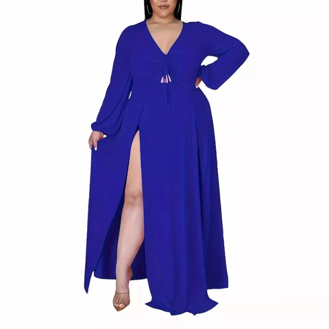 Vestido Maxi de Talla Grande para Mujer Sexy Cuello en V Manga Larga Fruncido Cordón Frontal Abertura Alta Elegante Fiesta Noche Club
