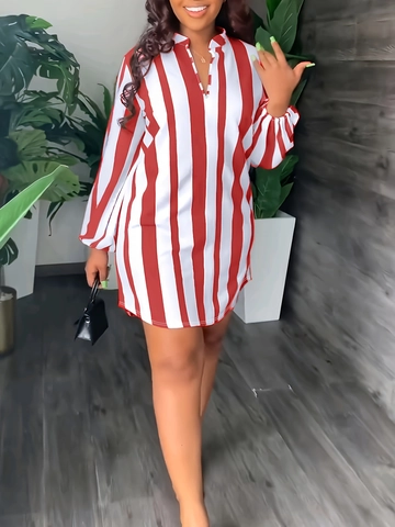 Damen Übergröße Gestreift V-Ausschnitt Hemdkleid Langarm Lässig Lockere Passform Midi Kleid Elegant Vertikal Gestreift Mode Kleid