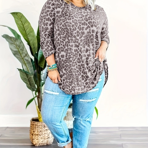 Women Plus Size Leopard Print Round Neck Long Sleeve Top Loose Casual Cotton Blend Mid Length Pullover T-Shirt For Daily
