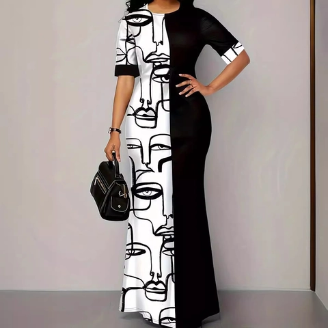 Robe Maxi Grande Taille Femme Avec Imprimé Visage Abstrait Color Block Manches Courtes Col Rond Patchwork Coupe Slim Robe Longue