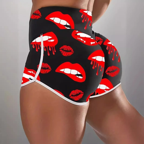 Damen Übergrößen Sportshorts Hohe Taille Bedruckte Lippen Herz Muster Slim Fit Yoga Shorts Mit Kontrast-Einfassung