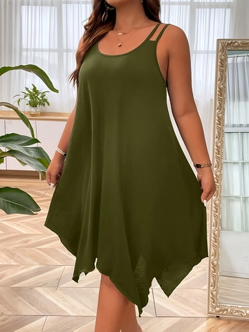 Damen Übergröße Lässiges Ärmelloses Kleid Asymmetrischer Handkerchief Saum Rundhals Lose Sommerurlaub Polyester Kleid