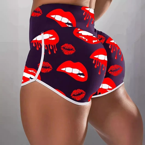 Damen Übergrößen Sportshorts Hohe Taille Bedruckte Lippen Herz Muster Slim Fit Yoga Shorts Mit Kontrast-Einfassung