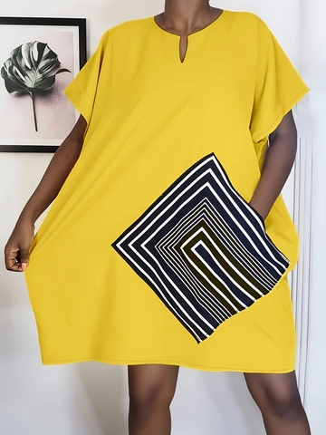 Robe Ample Mode Grandes Tailles pour Femmes Manches Courtes Col en V Motif Losange Géométrique Robe Décontractée Trapèze