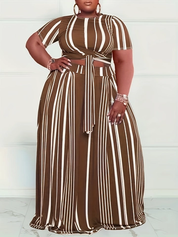 Ensemble Décontracté Grande Taille pour Femmes à Rayures Crop Top Manches Courtes Noué et Pantalon Large Jupe Maxi