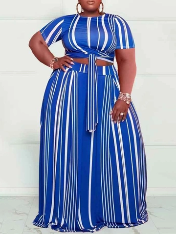 Ensemble Décontracté Grande Taille pour Femmes à Rayures Crop Top Manches Courtes Noué et Pantalon Large Jupe Maxi