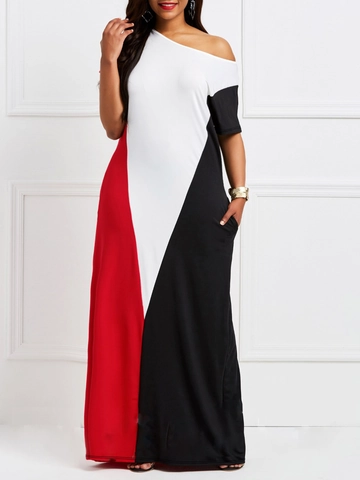 Robe Maxi Grande Taille Bloc De Couleur Géométrique Pour Femmes Épaule Asymétrique Manches Courtes Élégante Fête Patchwork Robe Longue