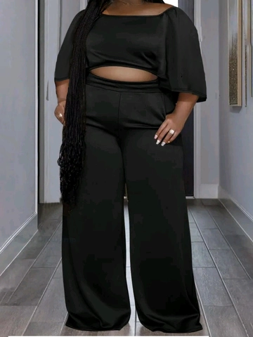 Conjunto de Talla Grande para Mujer Top con Hombros Descubiertos y Pantalón de Pierna Ancha Color Negro Sólido