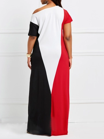 Robe Maxi Grande Taille Bloc De Couleur Géométrique Pour Femmes Épaule Asymétrique Manches Courtes Élégante Fête Patchwork Robe Longue