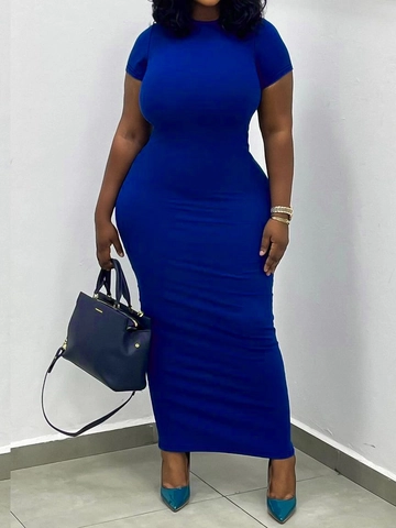 Plus Size Women Sexy Bodycon Maxi Dress Round Neck Short Sleeve Royal Blue Solid Color Stretchy Polyester Summer Long Dress