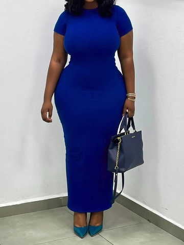 Plus Size Women Sexy Bodycon Maxi Dress Round Neck Short Sleeve Royal Blue Solid Color Stretchy Polyester Summer Long Dress