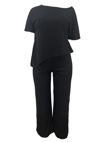 Conjunto Casual de Dos Piezas para Mujer Talla Grande Manga Corta Cuello Redondo Top Asimétrico Y Pantalones de Pata Ancha Outfit