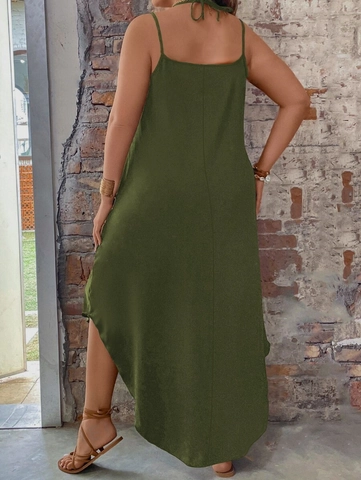 Women Plus Size Boho Spaghetti Strap Maxi Dress Backless Asymmetric Hem V Neck Casual Summer Beach Party Long Sun Dress