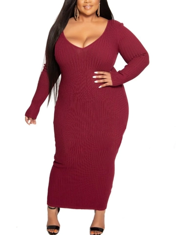 Women Plus Size V-Neck Long Sleeve Ribbed Knit Bodycon Midi Dress Elegant Solid Color Wine Red Commuter Dress