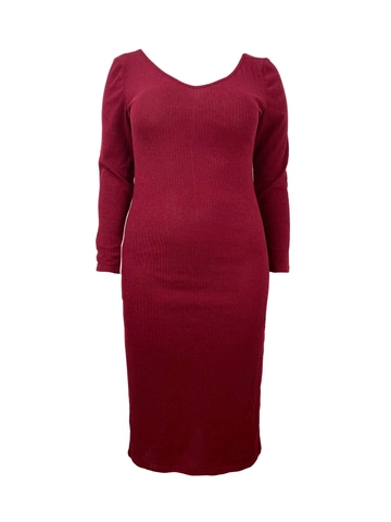 Women Plus Size V-Neck Long Sleeve Ribbed Knit Bodycon Midi Dress Elegant Solid Color Wine Red Commuter Dress