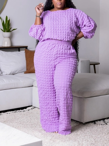 Dames Plus Size Casual Outfits Bubble Textuur Top Met Ronde Hals En Hoge Taille Broek Met Wijde Pijpen Polyester Elegante Outfits