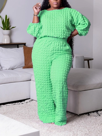 Dames Plus Size Casual Outfits Bubble Textuur Top Met Ronde Hals En Hoge Taille Broek Met Wijde Pijpen Polyester Elegante Outfits