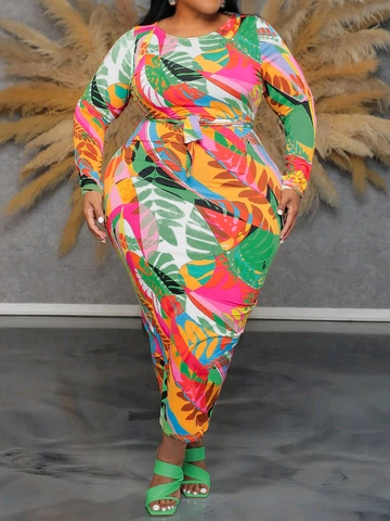 Women Plus Size Tropical Leaf Print Maxi Dress Long Sleeve Round Neck Bodycon Belted Polyester Elegant Commuter Dress