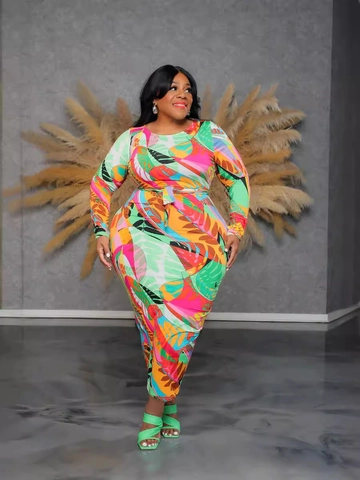 Women Plus Size Tropical Leaf Print Maxi Dress Long Sleeve Round Neck Bodycon Belted Polyester Elegant Commuter Dress