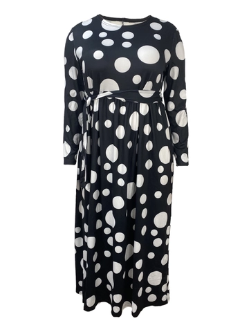 Abito Maxi Donna Taglie Forti Stampa a Pois Bianco Nero Manica Lunga Elegante Girocollo Grande Ampiezza Abito Retro Lungo