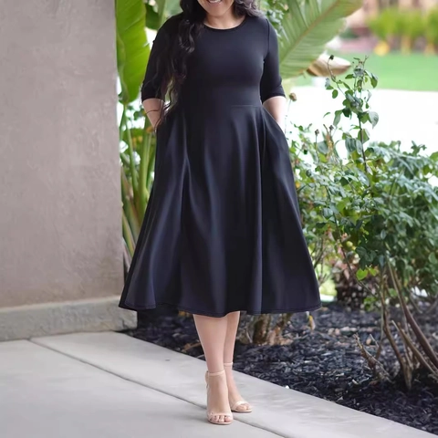 Abito Midi Elegante Taglie Forti da Donna Nero Girocollo Manica a Tre Quarti Abito a Trapezio Con Tasche per Pendolari