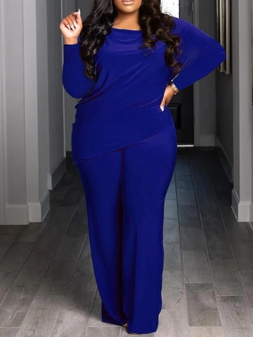 Women Plus Size Casual Set Solid Color Asymmetrical Long Sleeve Top And High Waist Wide Leg Pants Polyester Pants Set