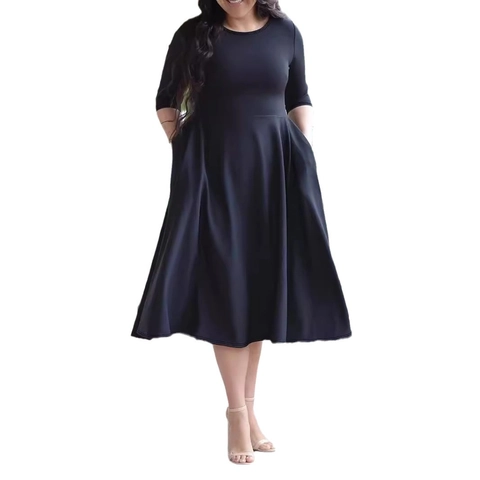 Abito Midi Elegante Taglie Forti da Donna Nero Girocollo Manica a Tre Quarti Abito a Trapezio Con Tasche per Pendolari