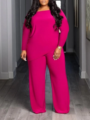 Women Plus Size Casual Set Solid Color Asymmetrical Long Sleeve Top And High Waist Wide Leg Pants Polyester Pants Set