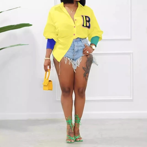 Women Plus Size Varsity Letter B Patch Shirt Casual Color Block Long Sleeve Button Down Chiffon Blouse Top