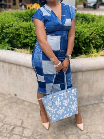 Robe Midi Femme Grande Taille Imprimé Patchwork Denim Col en V Sans Manches Élégante Moulante Décontractée Été Automne