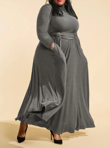 Women Plus Size High Neck Long Sleeve Maxi Dress With Belt Elegant Solid Color Large Swing Dress For Autumn Winter