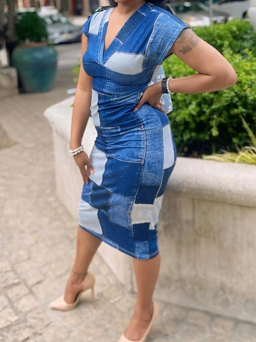 Robe Midi Femme Grande Taille Imprimé Patchwork Denim Col en V Sans Manches Élégante Moulante Décontractée Été Automne