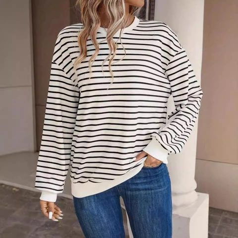 T-Shirt da Donna Taglie Forti a Righe Manica Lunga Girocollo Felpa Morbida Con Bordi a Costine Top alla Moda Primavera Autunno