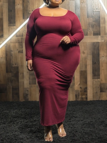 Women Plus Size Long Sleeve Round Neck Bodycon Maxi Dress Elegant Solid Color Slim Fit Stretchy Polyester Pencil Long Dress