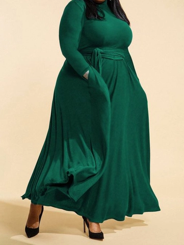 Women Plus Size High Neck Long Sleeve Maxi Dress With Belt Elegant Solid Color Large Swing Dress For Autumn Winter