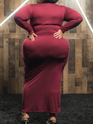 Women Plus Size Long Sleeve Round Neck Bodycon Maxi Dress Elegant Solid Color Slim Fit Stretchy Polyester Pencil Long Dress