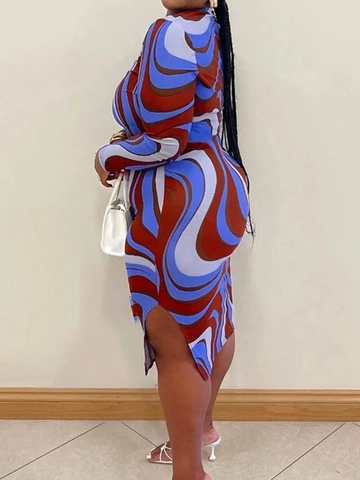 Vestito Aderente da Donna Taglie Forti con Stampa Astratta a Vortice Manica Lunga Scollo Asimmetrico Elegante Abito Midi per Ufficio Festa