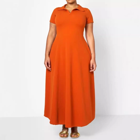 Plus Size Women Solid Color Polo Collar Maxi Dress Casual Short Sleeve A-Line Large Swing Elegant Polyester Long Dress