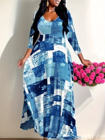 Vestido Largo de Talla Grande para Mujer Cuello en V Elegante Vintage Denim Patchwork Estampado Manga de Siete Cuartos