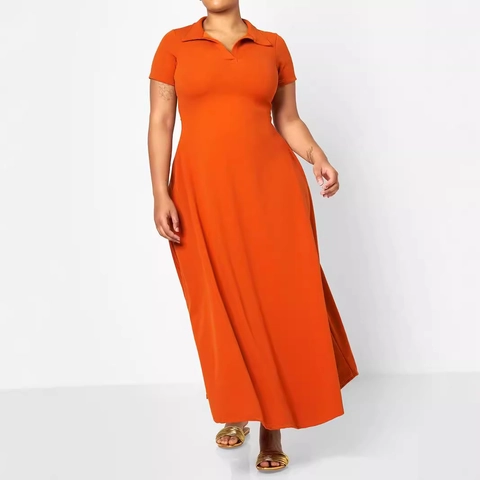 Plus Size Women Solid Color Polo Collar Maxi Dress Casual Short Sleeve A-Line Large Swing Elegant Polyester Long Dress