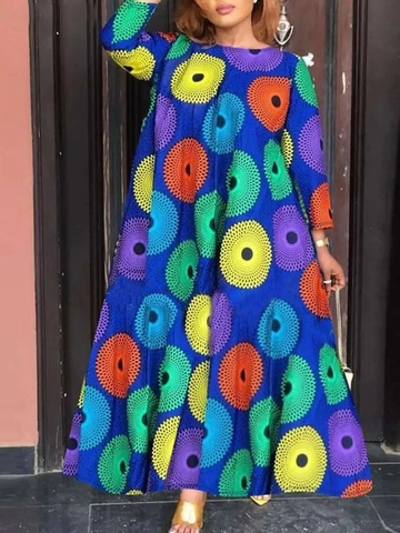 Damen Übergröße Afrikanisches Ankara Druck Maxikleid Langarm Rundhals Casual Mehrfarbig Geometrisches Muster Kleid